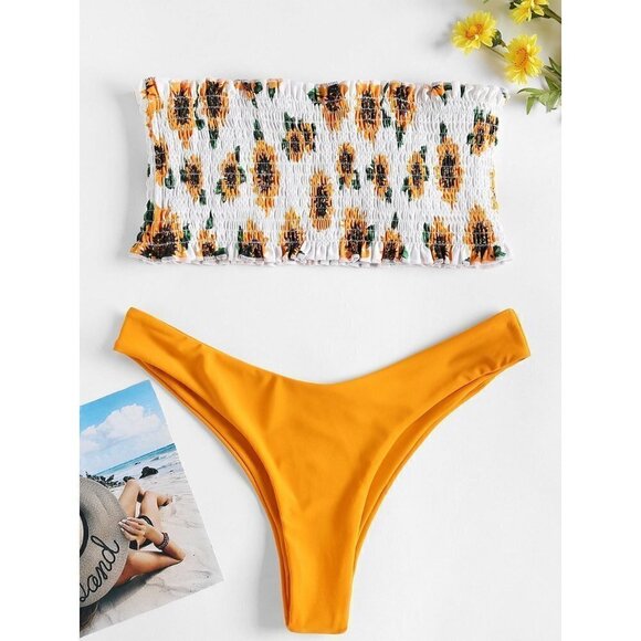 NEW White Yellow Green Sunflower Floral Print Bikini Bathing Suit Set Size Small - Picture 1 of 9